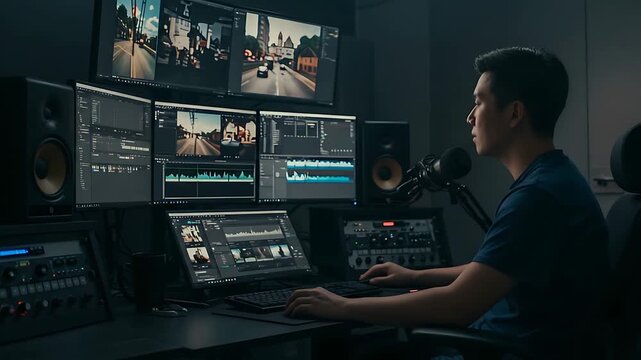 Man working on video editing with multiple monitors in a dark room, professional setup for