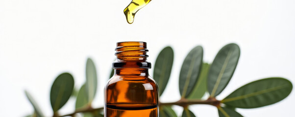 Elegant amber container with eucalyptus infusion showcased in clean scientific setting. Concept of botanical cosmetics, natural wellness, and modern apothecary design. White background banner.