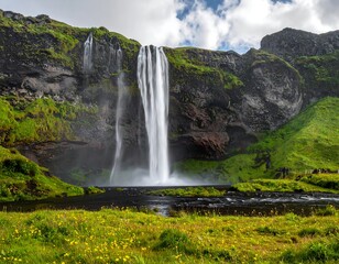 Scenic waterfall cascades down a cliff face into a dark pool