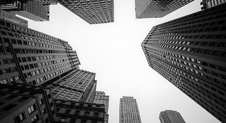 Low Angle View of Modern Skyscrapers in Black and White, Urban Cityscape with Tall Buildings Reaching Towards the Sky.