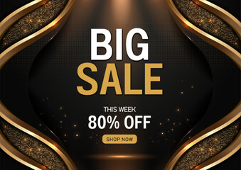 Big sale 80 percent off, elegant luxury black gold abstract background, glowing dots and curves, banner design for product branding, department store promotions, advertising template.