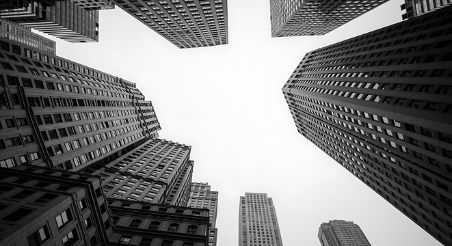 Low Angle View of Modern Skyscrapers in Black and White, Urban Cityscape with Tall Buildings Reaching Towards the Sky. - Powered by Adobe