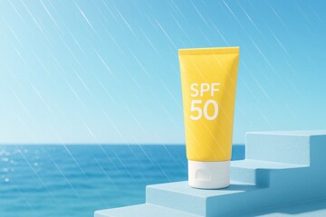 Sun Protection Essentials: A vibrant yellow SPF 50 sunscreen tube stands prominently on a light blue, evoking summer's warmth and the importance of skincare.