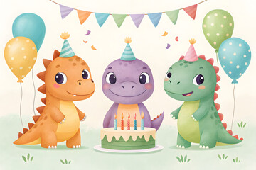 Three Cute Cartoon Dinosaurs Celebrate Birthday With Cake And Balloons
