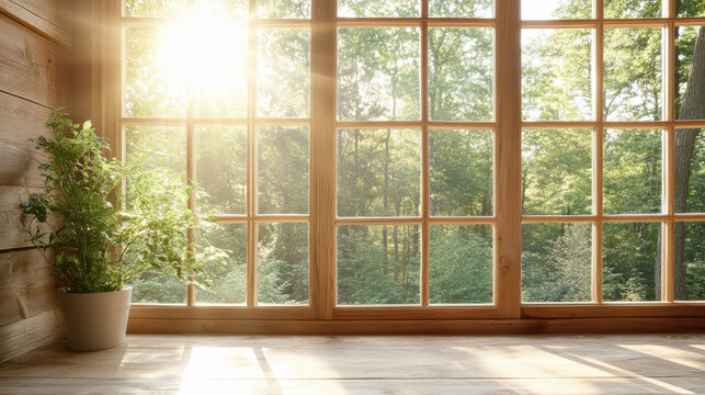 Fototapeta Morning light shining through windows of forest cabin creates serene atmosphere