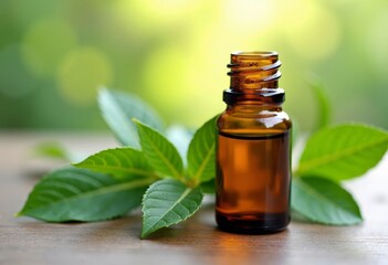 Eucalyptus oil essence displayed in a stylish brown bottle, surrounded by botanical elements. Contemporary laboratory concept. Organic beauty and natural skincare remedies on white background.