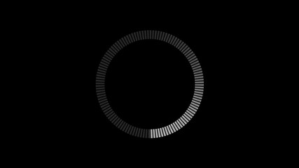 White circle digital tech processing interface loader with rotation speed animation on black background - Powered by Adobe