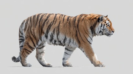 Obraz premium Majestic tiger walking with powerful stride on a plain background