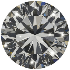 A close-up, top-down view of a brilliant-cut diamond, showcasing its intricate facets and sparkling light reflections.