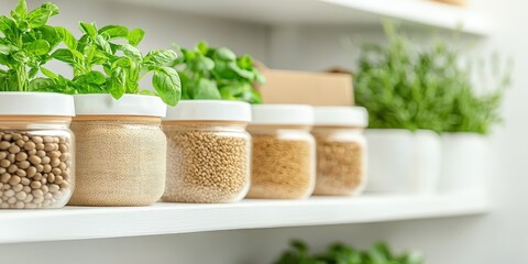 Sustainability resources lifestyle concept. Fresh herbs and seeds stored in clear jars on a minimalist shelf.