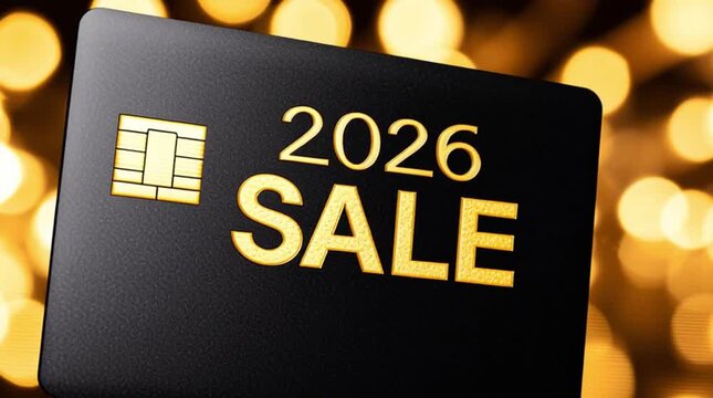 The golden text "2026 sale" on the black bank card layout. Online store. Commercial proposal. Discount card.