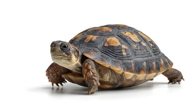 A brown olive turtle with a patterned carapace and alert eyesight on a clean white backdrop serene