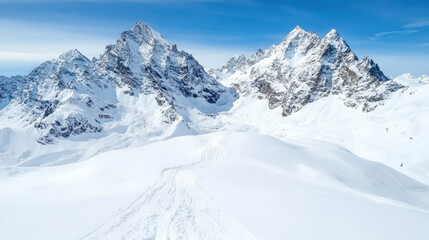 Majestic mountain peaks covered in fresh snow create peaceful winter landscape