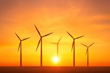Fototapeta premium Sustainability resources lifestyle concept. Wind turbines silhouetted against a vibrant sunset sky.