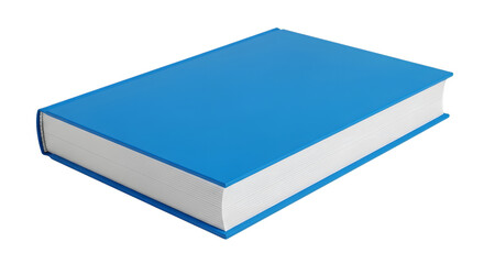 A closed blue hardcover book with white pages isolated on transparent background