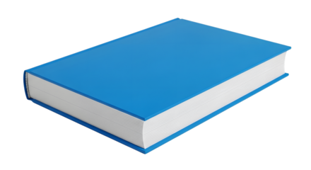 A closed blue hardcover book with white pages isolated on transparent background