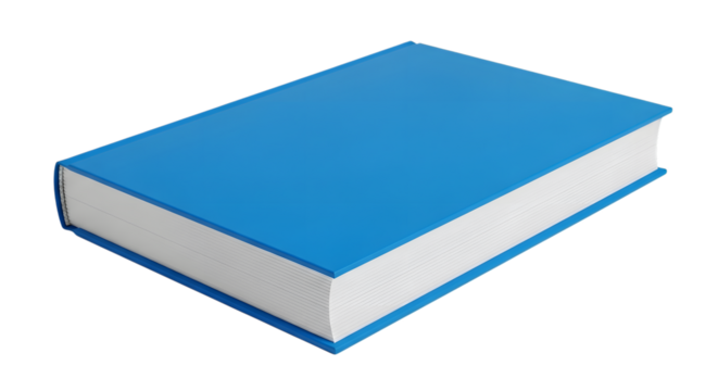 A closed blue hardcover book with white pages isolated on transparent background