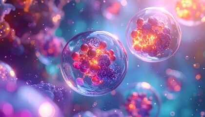 Close-up of glowing cellular structures in watery depths