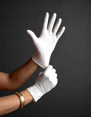Person putting on clean white protective gloves against a dark backdrop