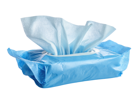 A close-up view of a box of light-blue wet wipes. Wipes are partially pulled out, showing texture