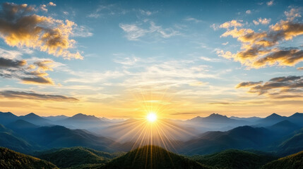 Fototapeta premium Breathtaking mountains at sunrise with vibrant colors and soft clouds create serene atmosphere