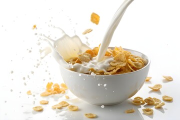 Cereal with Milk Splash on White Background  