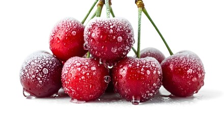 Close-up of fresh, ripe cherries covered in water droplets and frost, stacked on a white surface.