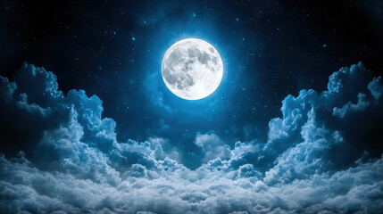 Fototapeta premium Bright moonlight illuminates clouds under starry sky, creating peaceful atmosphere