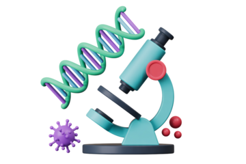 Microscope with DNA helix and virus particle in 3D illustration