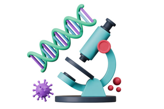 Microscope with DNA helix and virus particle in 3D illustration