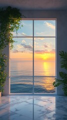Fototapeta premium A giant window framing a beautiful ocean sunset view