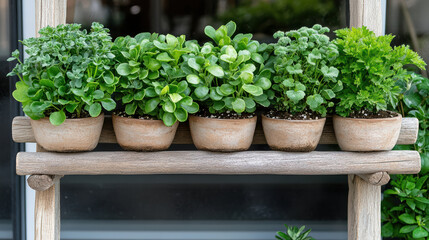 Fototapeta premium Lush green plants in terracotta pots arranged on wooden shelf create vibrant indoor garden