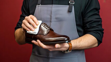 Shoemaker polishing elegant brown leather shoe with cloth