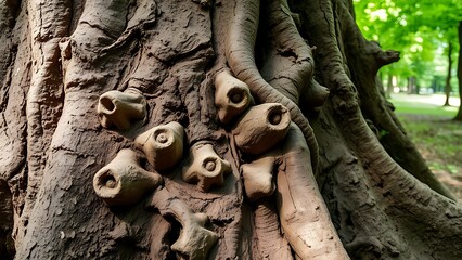 lignin. Close-up of a tree root with knotted protrusions and rough texture in a woodland. ESG reports, sustainability campaigns, designed for sustainability communications and ESG reporting.