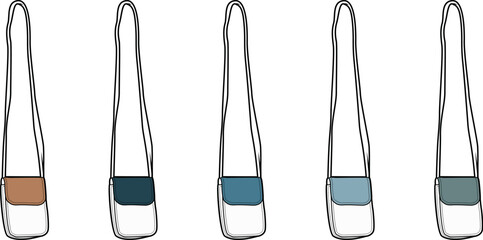Collection of women's crossbody shoulder bag sketches in a modern color palette. Set of handbag fashion illustrations for design templates