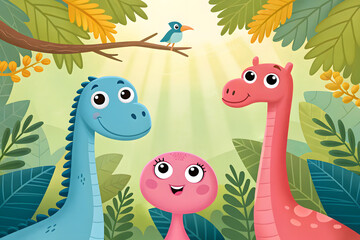Three friendly cartoon dinosaurs in a lush green environment Keywords: dinosaurs, cartoon