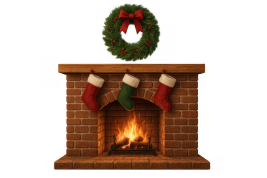 Christmas fireplace with burning fire, decorated with festive wreath and hanging stockings, transparent background