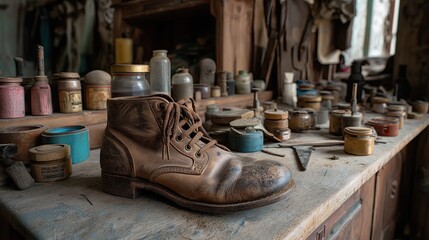 A solitary, worn leather boot sits on a dusty wooden workbench in an abandoned shoe repair shop, surrounded by vintage tools and polish, conveying nostalgia and decay.