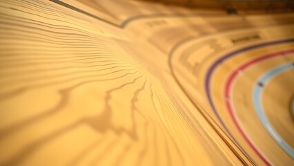 velodrome. Close-up of wooden velodrome track banking showing grain and curved structure. event key visuals, club posters, designed for sports event promotions and stadium branding.