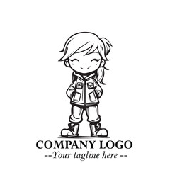 Black and White Chibi Girl Standing in Jacket, Pants, and Boots. Simple Bold Vector Illustration