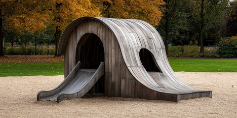 Sustainability resources lifestyle concept. Wooden play structure with curved slides in a park setting.