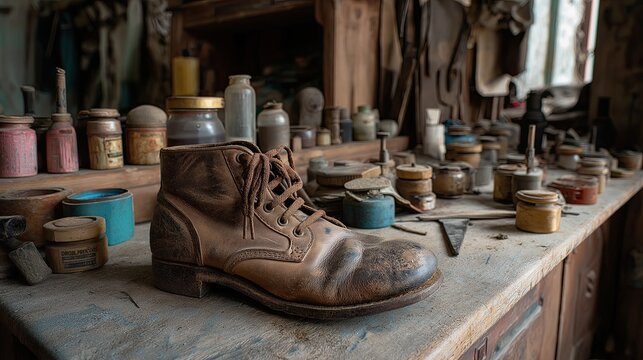 A solitary, worn leather boot sits on a dusty wooden workbench in an abandoned shoe repair shop, surrounded by vintage tools and polish, conveying nostalgia and decay.