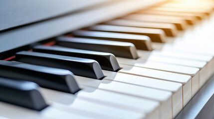 Close up of piano keys under soft afternoon light, creating calm and serene atmosphere