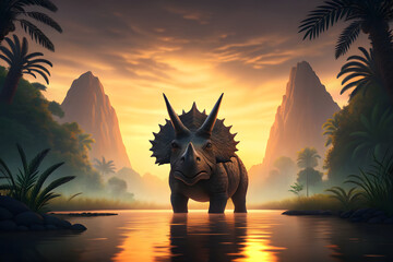 Triceratops Dinosaur Standing in Water at Sunset prehistoric