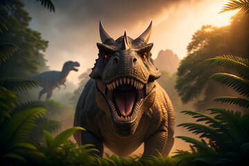 Triceratops Dinosaur with Horns in a Misty Prehistoric Forest