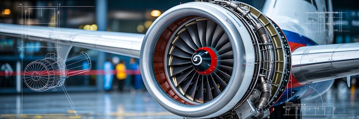 Airplane engine close up with technical diagram overlay symbolizing aviation technology and engineering
