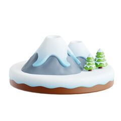 Stylized 3D model of a snowy volcanic mountain landscape with small Christmas trees, a festive and clean icon representing winter season concepts