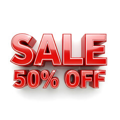 A vibrant red 3D text rendering displaying 'SALE 50% OFF' with a glossy finish and shadow on a white background.
