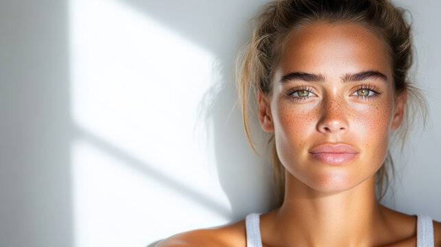 Bright portrait of young woman with freckles and striking green eyes, illuminated by soft light