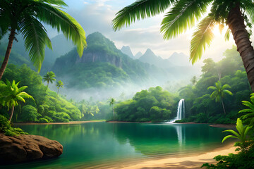 Tropical Paradise with Waterfall and Lush Greenery